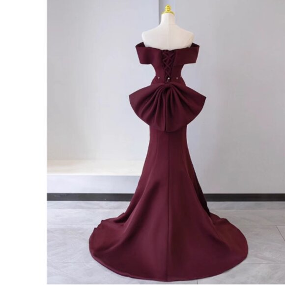 Regal Burgundy Off-Shoulder Mermaid Gown with Corset Back - Picture 9 of 13